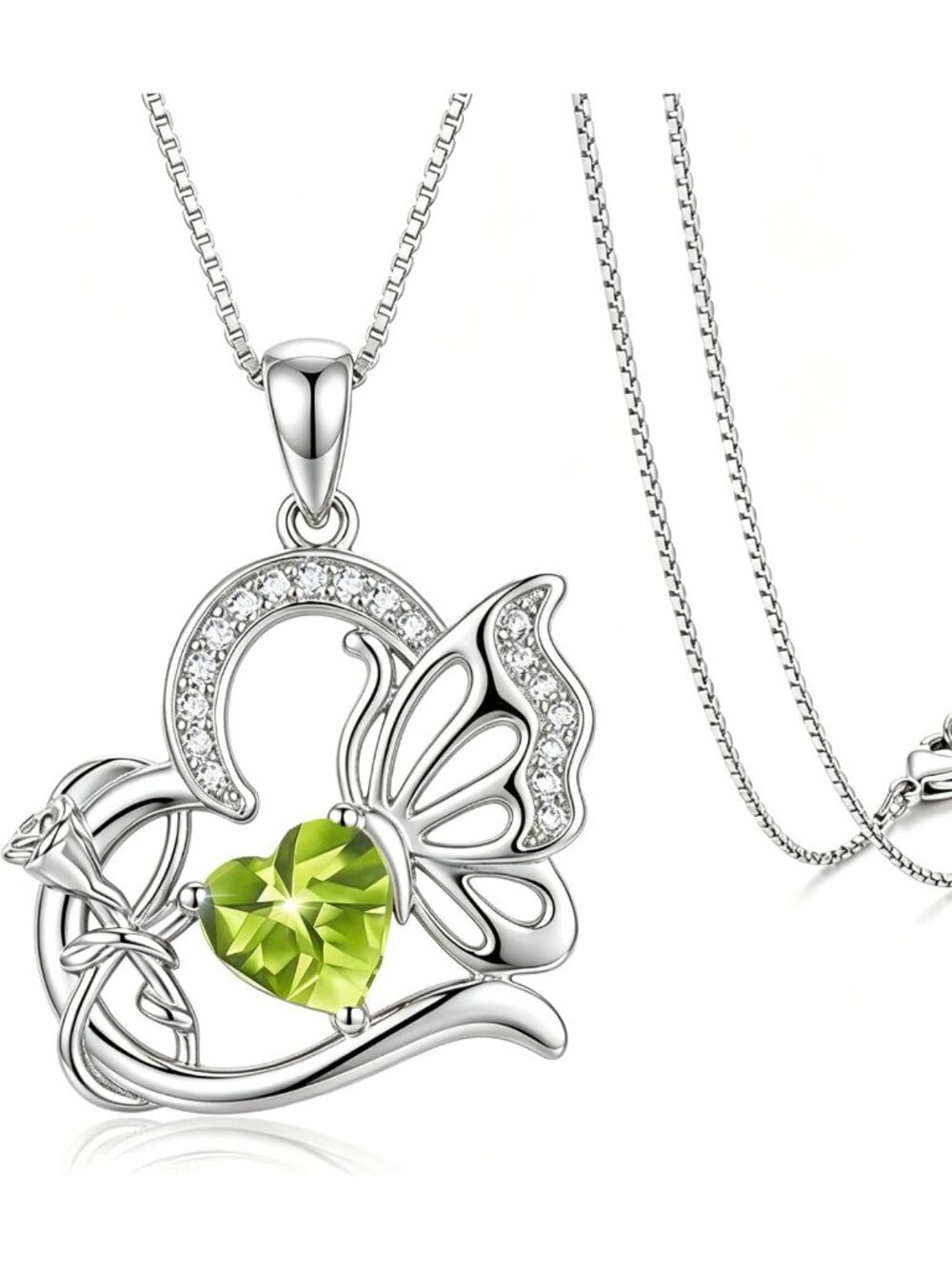 Heart Butterfly Birthstone Necklace for Women - Infinity Pendant in Gold & White